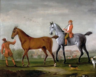 Deux chevaux de course avec palefreniers et chiens dans le parc de Newstead Abbey, Nottinghamshire, 1724